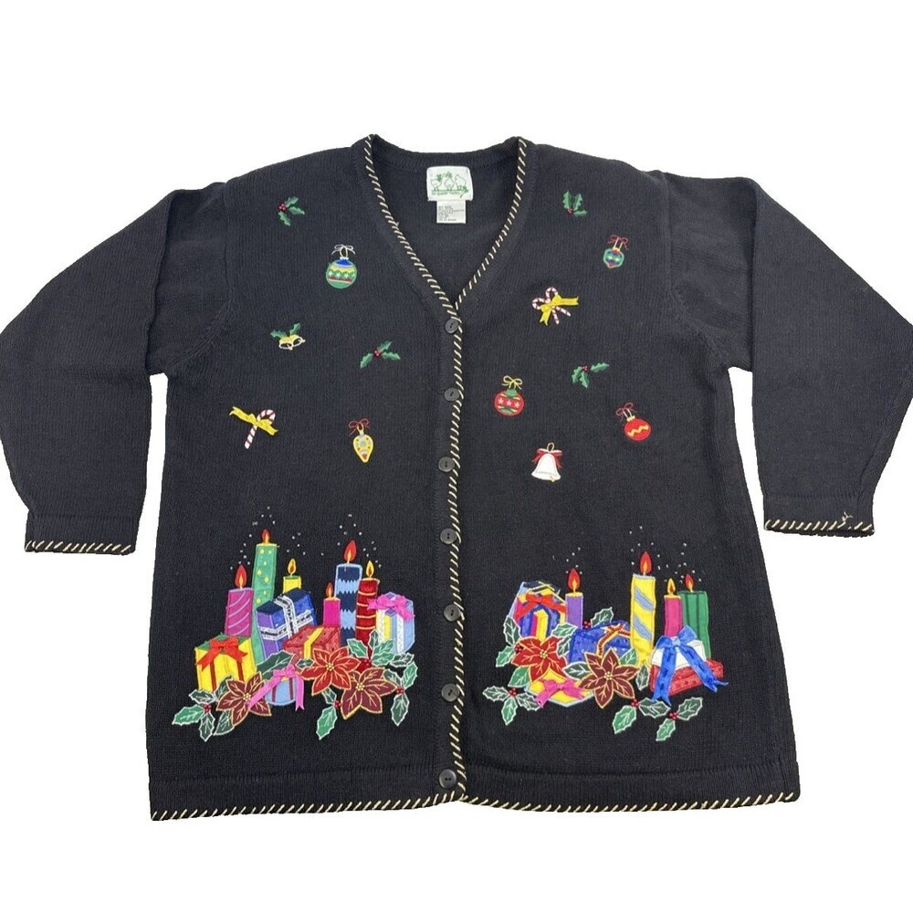 The Quacker Factory Christmas Sweater Cardigan Ornaments Presents Candles 1X